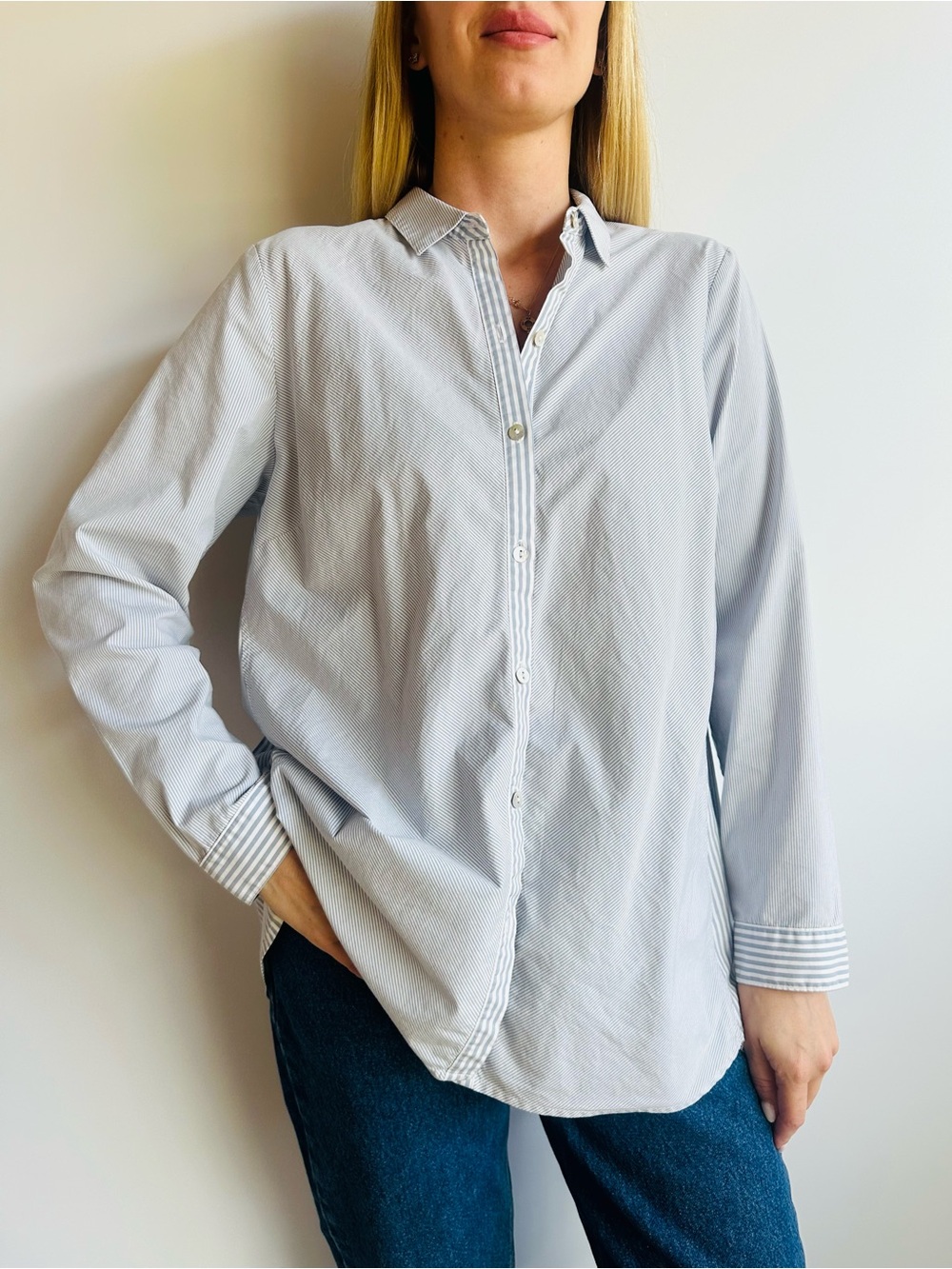 J. Jill Blue White Stripe Cotton Button Down Shirt Relaxed Coastal Lightweight